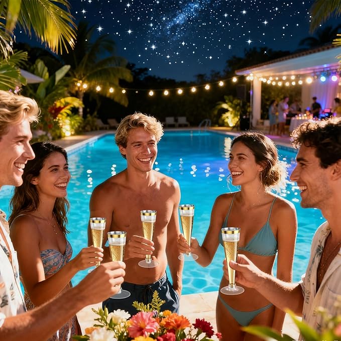 100 Pack Champagne Flutes Plastic Wine Glasses Disposable, 4.5 Oz Gold Rim Mimosa Glasses for 2025 Engagement Wedding Birthday New Years Eve Xmas Party Supplies, Bulk Toasting Cocktail Cups