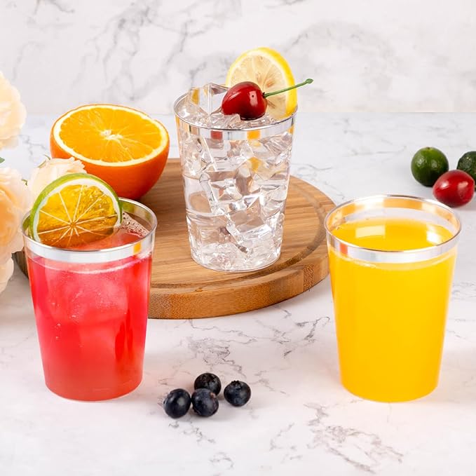 Goodluck 100PCS 10oz Plastic Cups for Party, Disposable Silver Plastic Cups, Cocktail Glasses for Wedding Thanksgiving, Christmas, and Parties