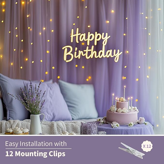Lavender Tulle Backdrop Curtain with Lights String - 10x8ft Sheer Backdrop with 250 LEDs for Wedding, Baby Shower, Bridal Shower, Birthday Party Photo Shoot Background and Home Decorations
