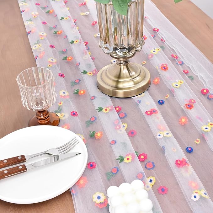 Joanlody 3pcs Ivory Embroidery Daisy Fall Thanksgiving Table Runner 10ft Florals Seasonal Tulle Table Runner Holiday Kitchen Dining Table Decoration for Home Party Indoor