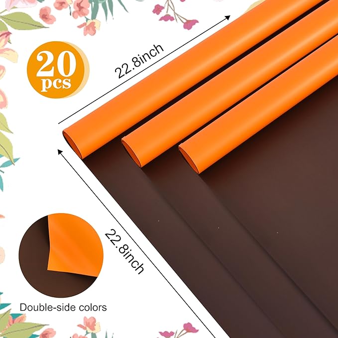 BEISHIDA 20Pcs Orange and Brown Double Sided Floral Wrapping Paper Matte Waterproof Flower Bouquet Wrapping Paper for Floral Wrap Florist Packing Supplies Birthday Valentine's Christmas Gift Wrapping