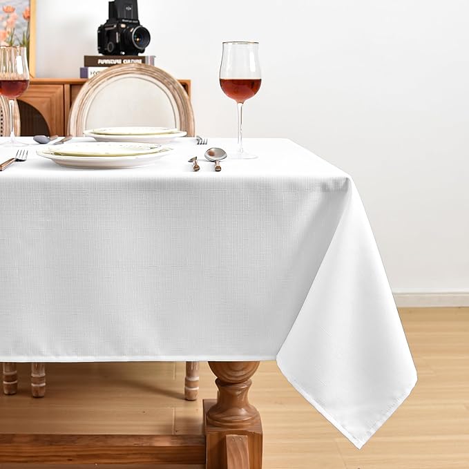 Fitable Faux Linen Tablecloths Rectangle 60 x 120 Inch - 2 Pack Textured Table Clothes for 8 Foot Tables, White Faux Burlap Table Covers for Dining, Party, Farmhouse, Banquet, Wedding