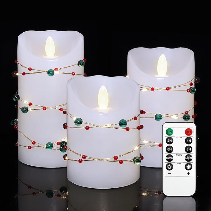 Christmas Flameless Candles with Red Green Beads String Lights - Real Wax Christmas Decor Battery Operated Candles with Remote & Timer- Home Party Bedroom Holiday Xmas Decorations - Set of 3