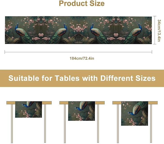 Peacock Table Runner,Vintage Aesthetic Peacock Birds Table Runner for Home Kitchen Dining Party Indoor Outdoor Decoration 13x70 Inch