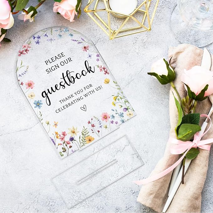 Wedding Sign Decor, Photo Guest Book Sign, 5x7 Inch Arch Acrylic, Wedding Sign for Reception & Event, Bridal Shower Decorations, Wedding Table Sign Accessories for Anniversary And Party (Flower)