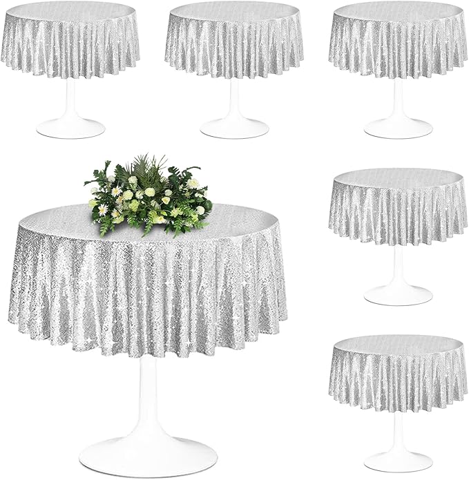6 Pcs Silver Sequin Tablecloth 50Inch Silver Round Tablecloth Overlay Round Table Cloth Silvers Glitter Tablecloth Round Sparkly Drape Tables Cloth for Wedding Party Cake Holiday Banquet