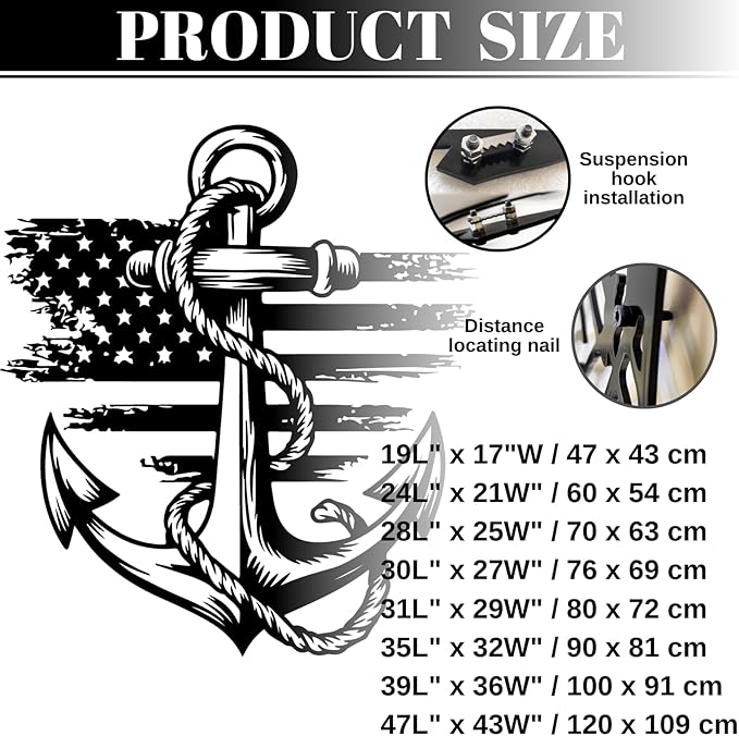 lunwall Metal Anchor Wall Decor, Anchor Metal Sign, Metal Anchor Decor, Anchor Metal Wall Art, Metal Nautical Wall Decor, Metal Wall Decor Coastal, Anchor Wall Decor (black, 24L x 21W / 60 x 54 cm)