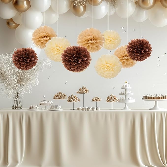 WEVEN Tissue Pom Poms Tissue Paper Flowers Tissue Fluff Balls Party Decorations 12-Inch Pack of 12 (Brown, Khaki, Ivory)