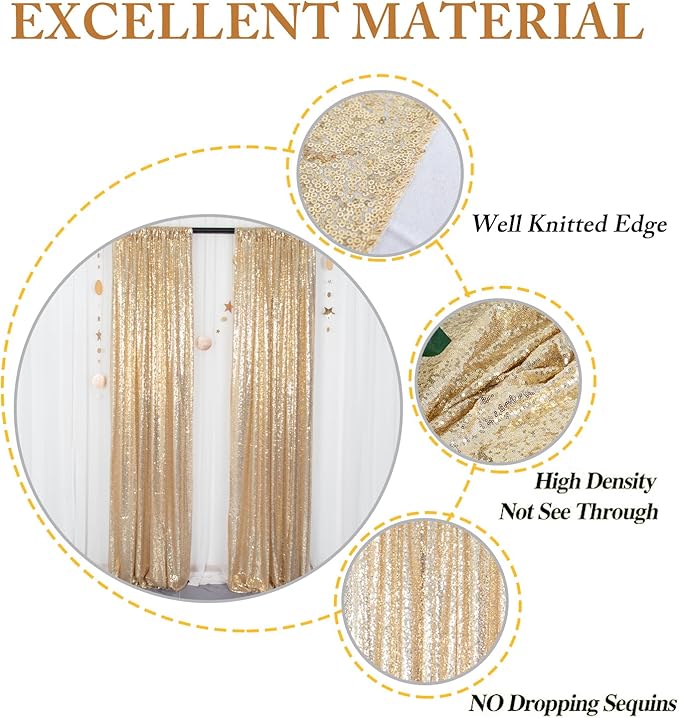ShinyBeauty Champagne Gold Sequin Backdrop - 2 Panels, 7Ft x 7Ft, Sparkly Glitter Backdrop for Parties/Prom Backgrounds