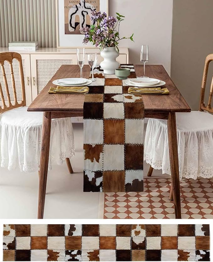 Abstract Cowhides Cotton Linen Table Runner for Dining Kitchen, Wedding Outdoor Party Tablerunners Decoration, Brown Beige Animal Fur Texture Dresser Scarf Coffee Tablecloth Runners 13x120 Inches
