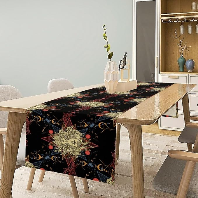 Boho Moon Lion Table Runner, Chinese Fish Phase of The Moon Sun Moon Table Runner for Kitchen Dining Table Home Party,13x70 Inch Black Red