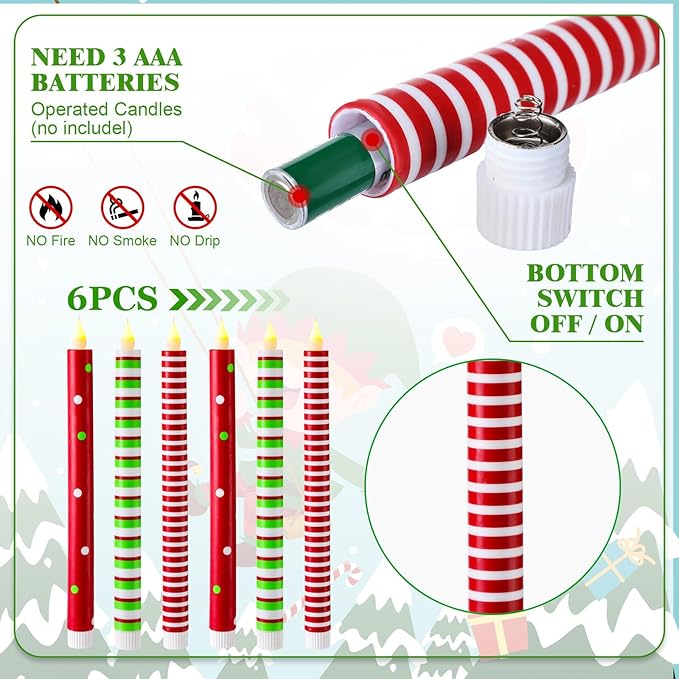 6 Pcs Christmas Flameless Taper Candles 10.6 Inch Red Green and White Striped Dots Candles Battery Operated LED Christmas Candlesticks for Xmas Centerpiece Holiday Party Decor