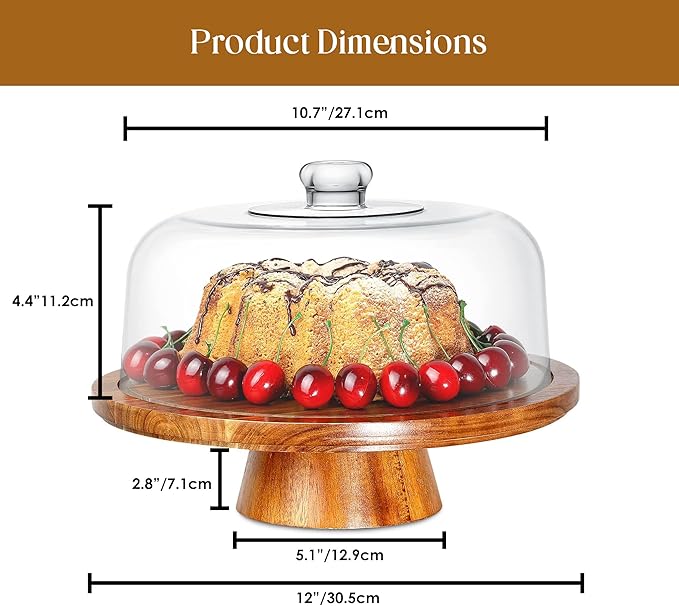 Homeries Acacia Wood Cake Stand with Lid, Cake Plate, (6 in 1) Multi-Functional Serving Platter, Large Cake Stand with Dome, Cake display stand with lid & Cake Dome - Use as Cake Holder, Cake Cover