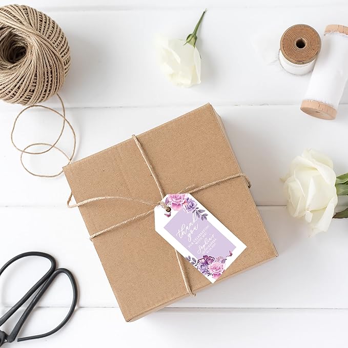 Andaz Press 40-Pack Personalized Quinceañera Favor Tags with String, Lilac Butterflies Custom Classic Thank You Gift Tags for Quince Años XV 15th Birthday Favor Gifts Quinceanera Decorations