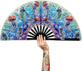 13" Large Rave Fan Bamboo, Folding Clack Hand Fans Foldable for Men Women, Boots on the Ground Poping Fan for EDM Festival Line Dance Decoration, (Jellyfish, Large 13")