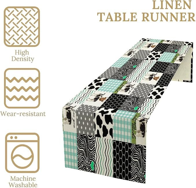 Cute Cow Print Table Runner,Farm Animals Honeycomb Plaid Stripes Cowhide Pattern Tablecloth Burlap for Hotel Indoors Outdoor Dining Room Kitchen Table Decor, 13x108in