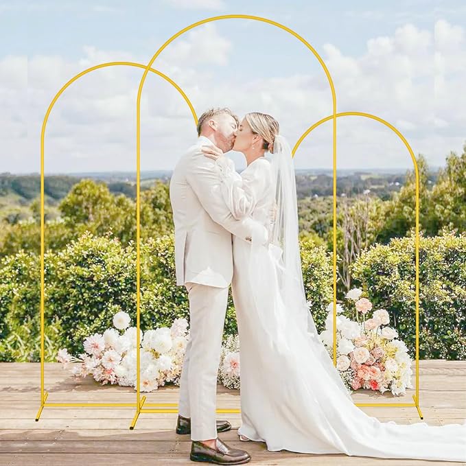 MODFUNS Metal Arch Backdrop Stand and Cover Set 6&6.6&7.2ft Sage Green Arch Backdrop Covers Gold Wedding Arch Stand Set of 3 Spandex Arched Covers for Party Birthday Banquet Wedding Decoration