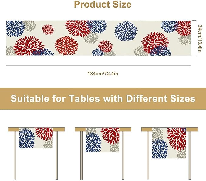 4th of July Table Runner, Blue Red Dahlia Flower American Patriotic Memorial Day Table Runner for Farmhouse Kitchen Dining Table Party Decor, 13x70inch