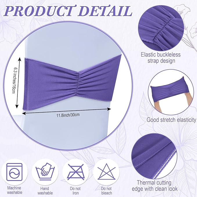 Moukeren 100 Pcs Spandex Chair Sashes Bows Bands Slider Sashes for Chair Covers Elastic Bands Ties Ribbon Decorations for Wedding Party Events Ceremony Birthday Banquet(Lavender Purple)