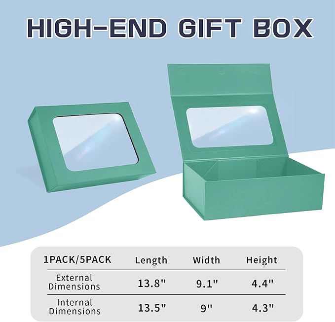 Light Green Large Gift Boxes with Window, 13.5"x9"x4.3" Bridesmaid Boxe for Gift Giving,Birthday Gift Box with Magnetic,Closure Lid Gift Boxes for Presents,Cute Boxe,Luxury for Gift Packaging,Gift Box for Wrapping Gifts