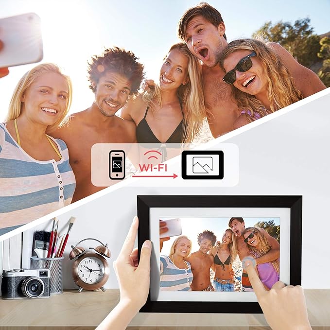 AEEZO Digital Picture Frame 10.1 Inch 1280x800 IPS Touch Screen WiFi Smart Digital Photo Frame with 16GB Storage, Auto-Rotate Easy Setup to Share Photos or Videos via AiMOR APP, Wall Mountable Black