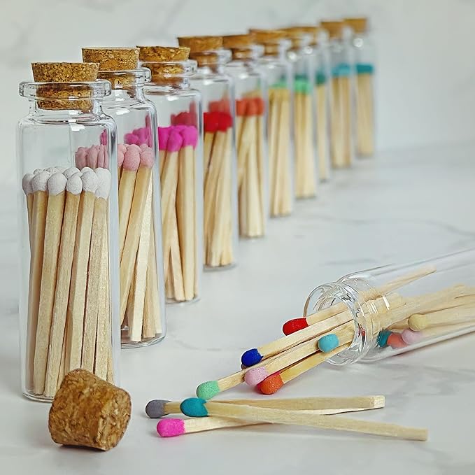 2" Classic White Tip Safety Matches | 6 Glass Bottles Each with Cork Top, Striker & 20 Matchsticks by Thankful Greetings (120+ Total) | Decorative Unique & Fun Artisan Set for Home, Gifts, & Events