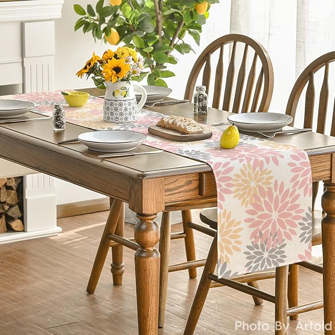 Artoid Mode Pink Dahlia Floral Pinnata Summer Table Runner, Spring Kitchen Dining Table Decoration for Home Party Decor 13x72 Inch
