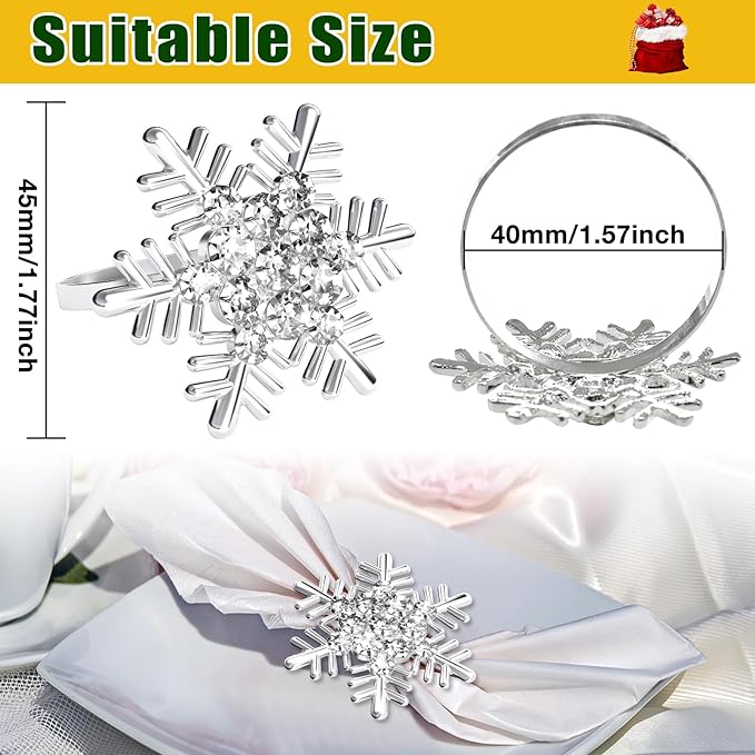 Halatool Christmas Napkin Rings Set of 8, Silver Snowflake with White Rhinestone Napkin Holder for Christmas Thanksgiving Winter Holiday Place Setting, Weddings, Party Table Decoration