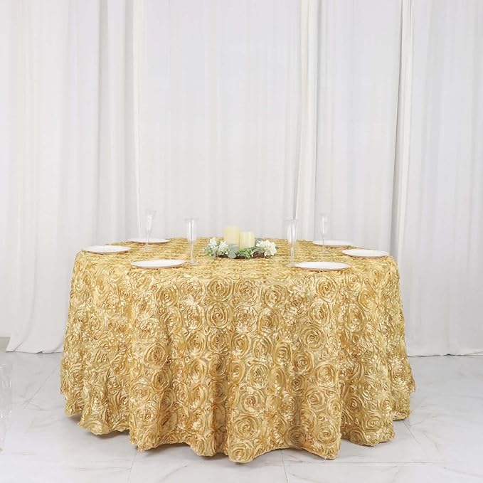 Efavormart 120" Wholesale Round Table Cover Champagne Grandiose Rosette 3D Satin Tablecloth for Wedding Party Event Decoration