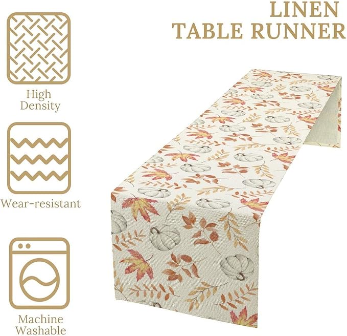 Pumpkin Leaves Table Runner,Seasonal Autumn Thanksgiving Kitchen Dining Table Decoration for Home Party Decor 13x90 Inch