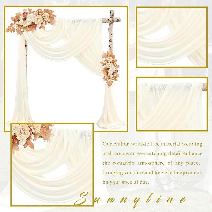 Wedding Arch Draping Fabric 8 Panels 20Ft Length x 28" Width Ivory Arch Drapes Chiffon Fabric Sheer Curtains Backdrop for Party Bridal Ceremony Ceiling Decor Wedding Stage Reception Decorations