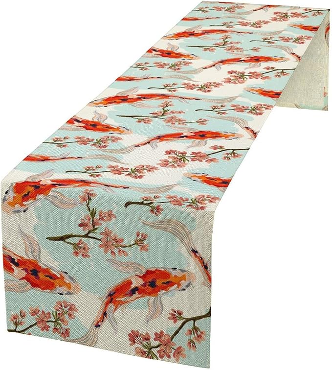 Japanese Kio Fish Table Runner Cherry Flower Art Printed Burlap Runner Home Kitchen Dining Table Living Room Decor Fabric 1 Panel W13xL108in