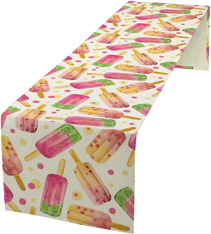 Ice Cream Popsicles Table Runner, Watercolor Summer Seasonal Fruit Peach Kiwi Berry Popsicles Orange Pink Sweet Dessert Dinner Runner for Party Holiday Home Kitchen Dining Table Decor 13"x120"