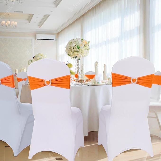 Howhic Pack of 120 Spandex Chair Sashes Bows Stretch Chair Cover Band with Buckle Slider Universal Elastic Chair Ties for Wedding Banquet Party Event Decoration (Orange)