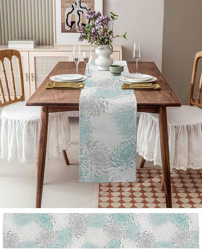 Auqa Chrysanthemum Cotton Linen Table Runner for Dining Kitchen, Wedding Outdoor Party Tablerunners Decoration, Farmhouse Floral Botanical Leaves Dresser Scarf Coffee Tablecloth Runners 13x72 Inches