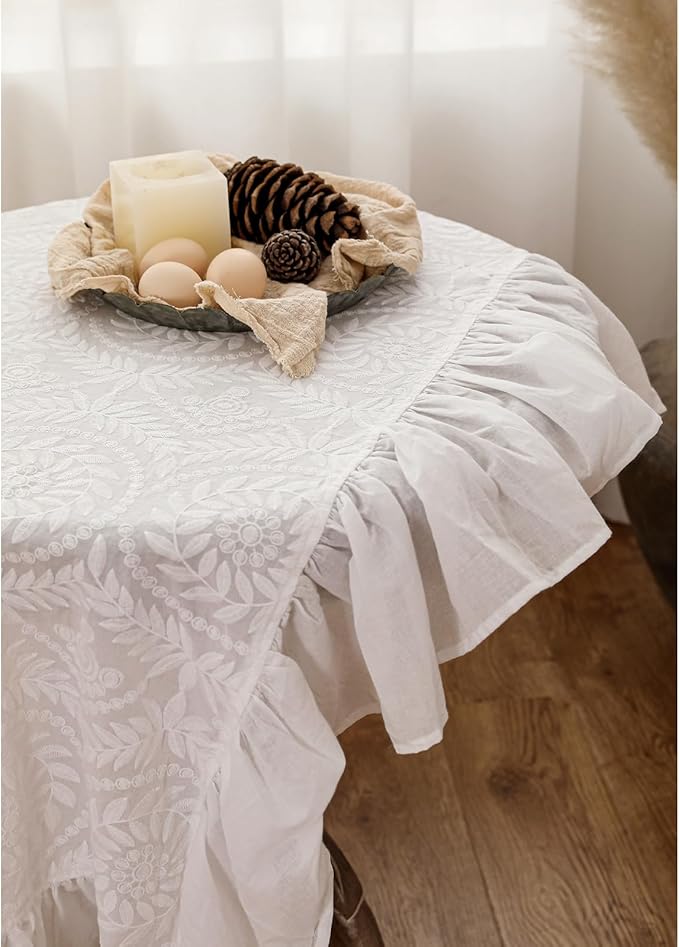 patdrea Vintage Ruffle Tablecloth for Rectangle Tables,Farmhouse Embroidered Cotton White Lace Table Cloth Cover Decor for Dining Room Wedding Banquet Thanksgiving Christmas,67"*114"