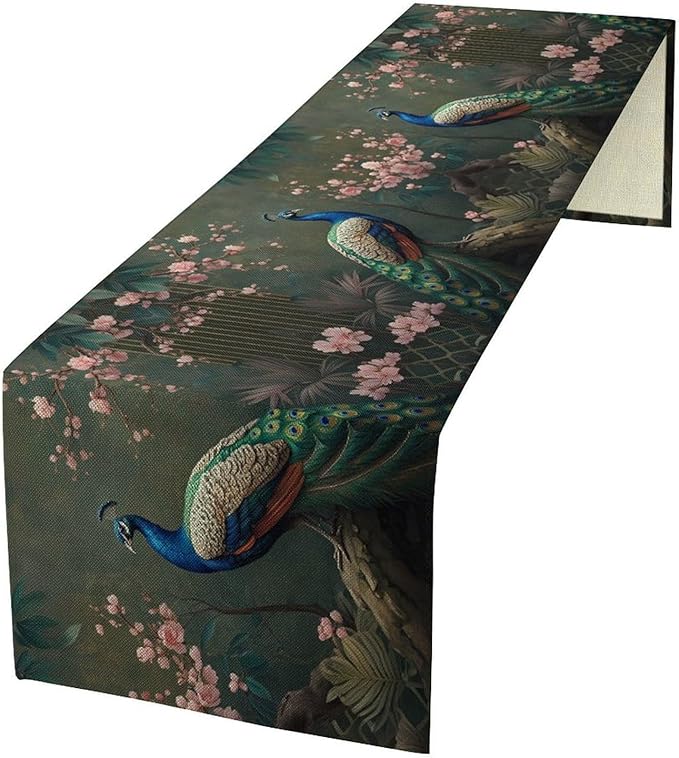 Peacock Table Runner,Vintage Aesthetic Peacock Birds Table Runner for Home Kitchen Dining Party Indoor Outdoor Decoration 13x108 Inch