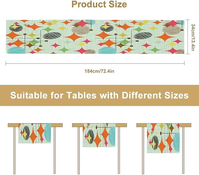 Mid Century Table Runner,Abstract Retro Modern Geometric Colorful Stripe Pattern Print Tablecloth Burlap for Hotel Indoors Outdoor Dining Room Kitchen Holiday Party, 13x36in