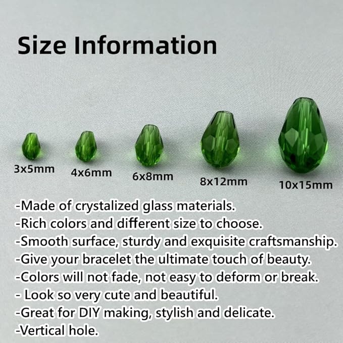 130pcs 6x8mm Teardrop Crystal Glass Beads for Jewelry Making, Faceted Vertical Hole Teardrop Glass Spacer Beads for Wind Chimes Bracelet Earring Necklace DIY Craft(Grass Green)