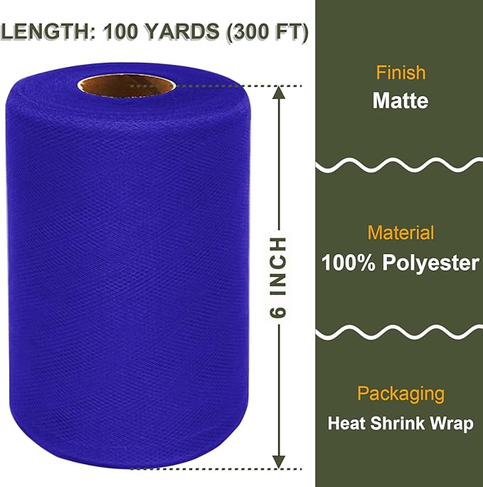 Royal Blue Tulle Fabric Roll 6 Inch X 300 FT (100 Yards) Matte Tulle Ribbon Netting Mesh Spool for DIY Tutu Skirt Wedding Bow Gift Wrapping Baby Shower Christmas Party Halloween Decorations