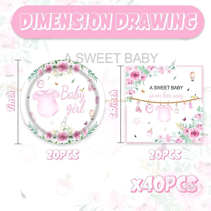 40pcs Pink Floral Baby Shower Decorations Girl Gender Reveal Supplies,Spring Rose Pink Baby Shower Plates and Napkins,Suitable for 20 Guests