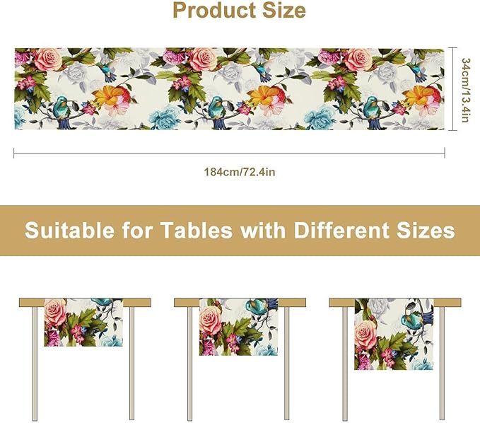 Hummingbird Table Runner,Vintage Floral Country Style Table Cloth Home Kitchen Restaurant Party Decoration 13x120 Inch