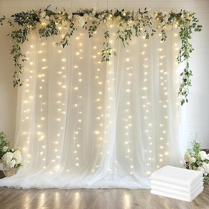 Tulle Backdrop Curtain with Lights String 20 X 10FT Ivory Sheer Tulle Backdrop Curtains for Wedding Birthday Party Reception Photo Booth Background Decorations (4 Panels 5x10FT)
