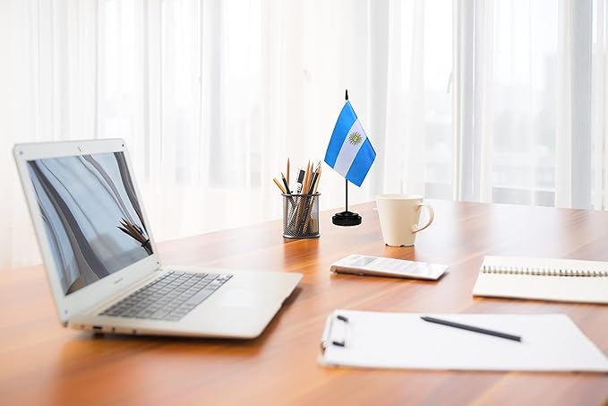 Argentina Argentine Deluxe Desk Flag Set Small Mini Miniature Argentina Argentine Table Desktop Flags With Solid Pole, Black Base and Spear Top(2 Pack)