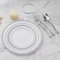 BESTVIP 450PCS Plastic Dinnerware Set (75 Guests), Silver Disposable Plates for Party, Wedding, Christmas, Anniversary, Includes: Dinner Plates, Dessert Plates, Cups, Spoons, Forks and Knives