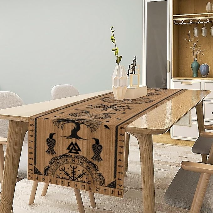 Viking Tree of Life Table Runner, Wooden Printed Eagle Dragon Boat Rudder Seasonal Kitchen Dining Table Decoration for Home Party 13x36 Inch
