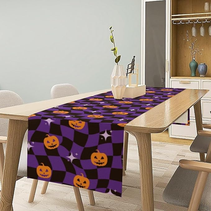Halloween Table Runner,Purple Checkered Pumpkin Table Runner for Kitchen Dining Table Decoration Home Party Decor 13x108 Inch