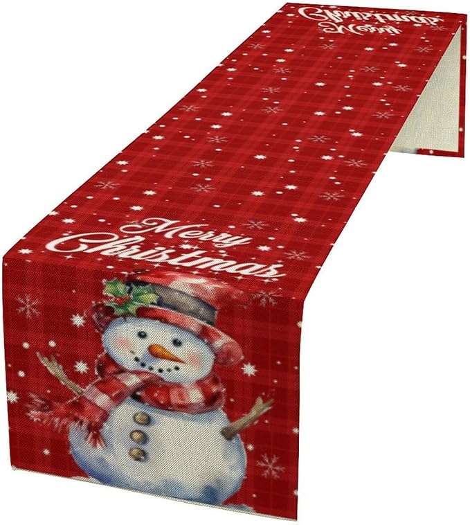 Christmas Table Runner,Christmas Snowman Snowflakes Winter Seasonal Table Cloth Kitchen Dining Table Decoration for Home Party Decor 13x90 Inch