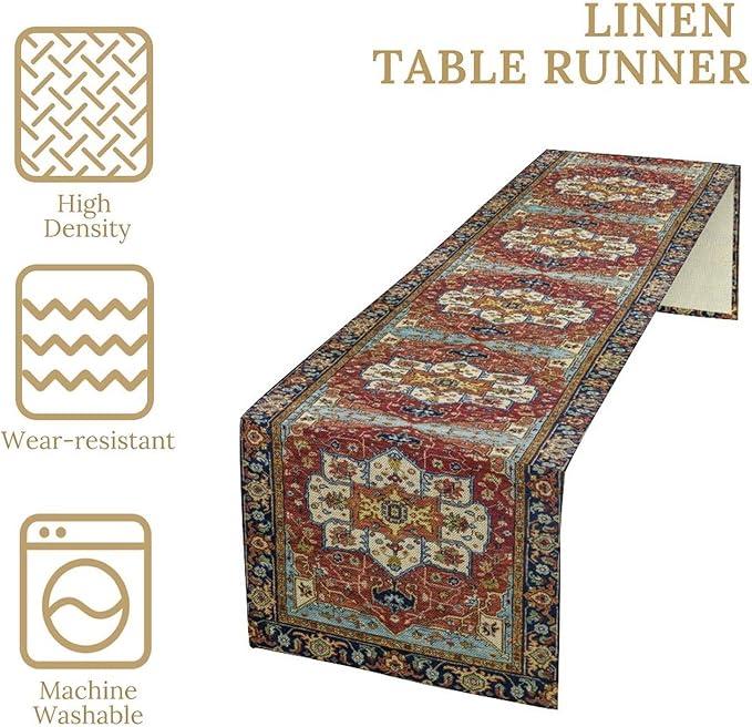 Vintage Boho Floral Table Runner, Rustic Country Farmhouse Red Blue Gold Retro Flower Pattern for Home Kitchen Table Decor Dining Coffee Room Party Decor 13x108in