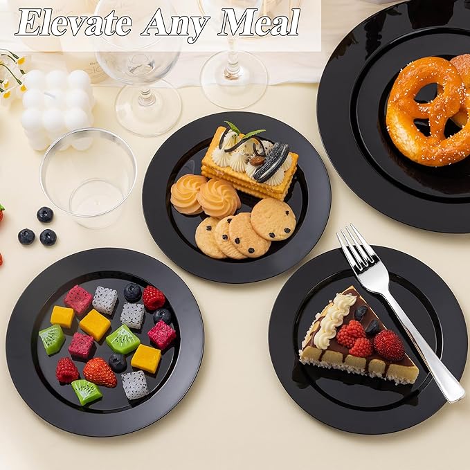 200PCS Black Plastic Plates Set, 100 10.25 inch Dinner Plates and 100 7.5 inch Dessert Plates, Premium Disposable Plates for Party, Wedding,Halloween